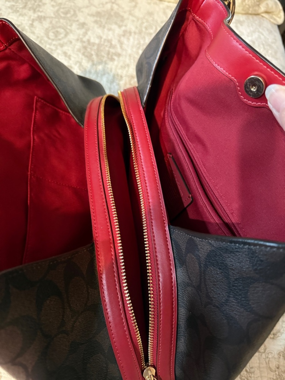 Coach Brown Signature Canvas Shoulder Bag with Red Leather Straps - Picture 3 of 5